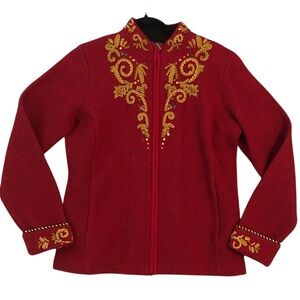 Icelandic Design Wool Sweater Jacket Embroidered Beaded Red Gold Baroque Medium